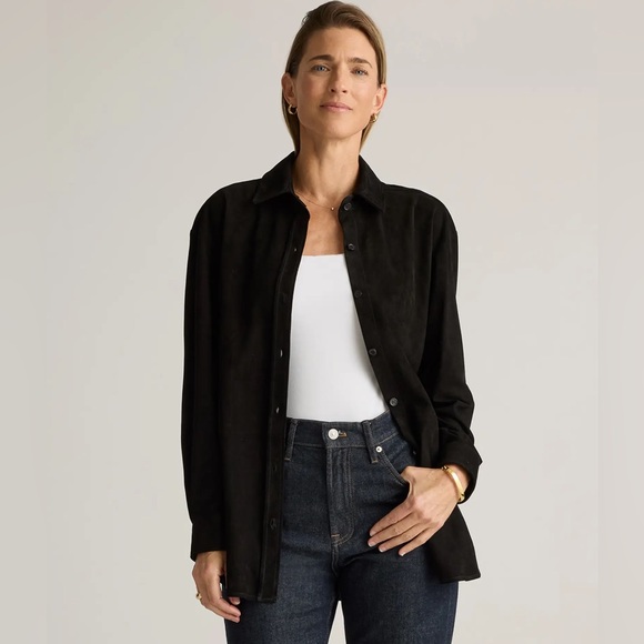 NWT Quince 100% Goat Suede Leather Over-shirt Black Woman’s Size Medium - Picture 1 of 11
